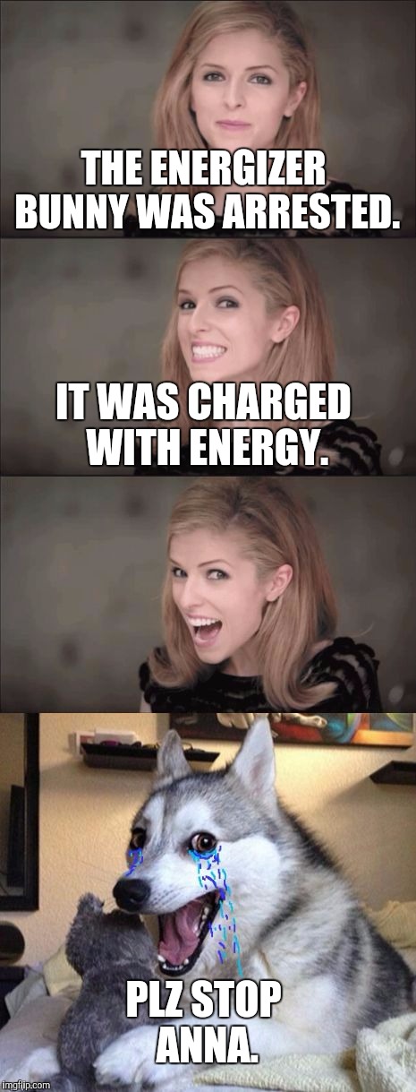 Please Stop Anna! |  THE ENERGIZER BUNNY WAS ARRESTED. IT WAS CHARGED WITH ENERGY. PLZ STOP ANNA. | image tagged in bad pun anna makes bad pun dog cry,bad pun dog,bad pun anna kendrick,memes,funny | made w/ Imgflip meme maker