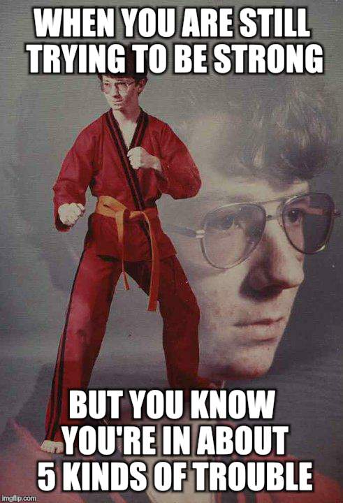 Karate Kyle Meme | WHEN YOU ARE STILL TRYING TO BE STRONG; BUT YOU KNOW YOU'RE IN ABOUT 5 KINDS OF TROUBLE | image tagged in memes,karate kyle | made w/ Imgflip meme maker