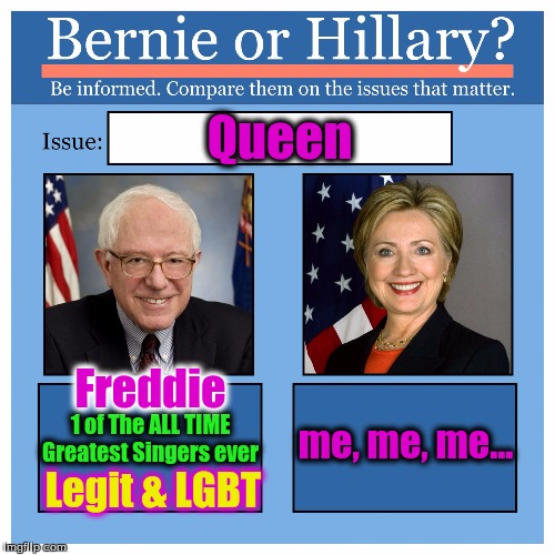 Bernie or Hillary? | Queen; Freddie; 1 of The ALL TIME Greatest Singers ever; me, me, me... Legit & LGBT | image tagged in bernie or hillary | made w/ Imgflip meme maker