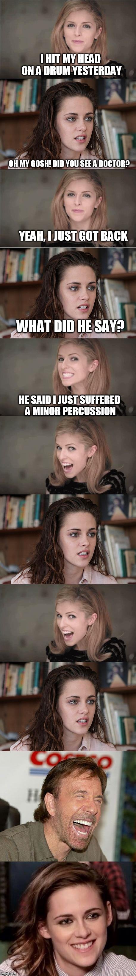 yes its a repost, from something I did a year ago. I like how it fits this template for some reason. | I HIT MY HEAD ON A DRUM YESTERDAY; OH MY GOSH! DID YOU SEE A DOCTOR? YEAH, I JUST GOT BACK; WHAT DID HE SAY? HE SAID I JUST SUFFERED A MINOR PERCUSSION | image tagged in kristen stewart,anna kendrick,chuck norris laughing | made w/ Imgflip meme maker
