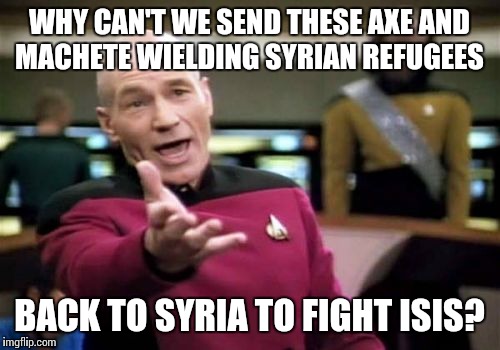 Yet another attack in Germany yesterday by a refugee wielding a machete | WHY CAN'T WE SEND THESE AXE AND MACHETE WIELDING SYRIAN REFUGEES; BACK TO SYRIA TO FIGHT ISIS? | image tagged in memes,picard wtf | made w/ Imgflip meme maker