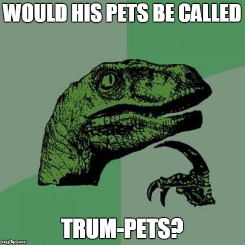 Philosoraptor Meme | WOULD HIS PETS BE CALLED TRUM-PETS? | image tagged in memes,philosoraptor | made w/ Imgflip meme maker
