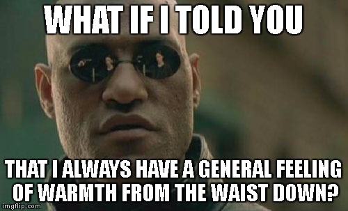 Matrix Morpheus Meme | WHAT IF I TOLD YOU THAT I ALWAYS HAVE A GENERAL FEELING OF WARMTH FROM THE WAIST DOWN? | image tagged in memes,matrix morpheus | made w/ Imgflip meme maker