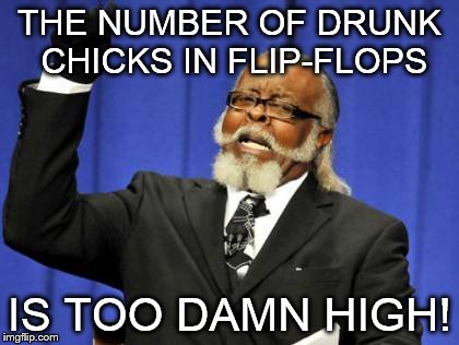 Too Damn High | THE NUMBER OF DRUNK CHICKS IN FLIP-FLOPS; IS TOO DAMN HIGH! | image tagged in memes,too damn high,funny,funny meme,summer,drunk girl | made w/ Imgflip meme maker