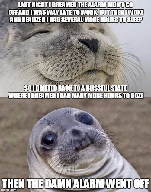 first world seal problems, I know - but it actually happened to me | LAST NIGHT I DREAMED THE ALARM DIDN'T GO OFF AND I WAS WAY LATE TO WORK, BUT THEN I WOKE AND REALIZED I HAD SEVERAL MORE HOURS TO SLEEP; SO I DRIFTED BACK TO A BLISSFUL STATE WHERE I DREAMED I HAD MANY MORE HOURS TO DOZE; THEN THE DAMN ALARM WENT OFF | image tagged in memes,short satisfaction vs truth,dreams,work | made w/ Imgflip meme maker