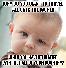 Skeptical Baby | WHY DO YOU WANT TO TRAVEL ALL OVER THE WORLD; WHEN YOU HAVEN'T VISITED EVEN THE HALF OF YOUR COUNTRY? | image tagged in memes,skeptical baby | made w/ Imgflip meme maker