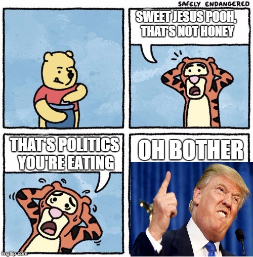 Eating politics | SWEET JESUS POOH, THAT'S NOT HONEY; THAT'S POLITICS YOU'RE EATING; OH BOTHER | image tagged in sweet jesus pooh,politics,political,pooh bear,relevant | made w/ Imgflip meme maker