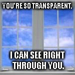 Window | YOU'RE SO TRANSPARENT, I CAN SEE RIGHT THROUGH YOU. | image tagged in window | made w/ Imgflip meme maker