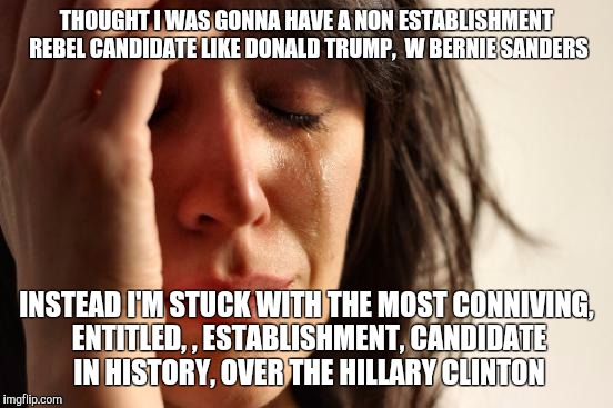 First World Problems | THOUGHT I WAS GONNA HAVE A NON ESTABLISHMENT REBEL CANDIDATE LIKE DONALD TRUMP,  W BERNIE SANDERS; INSTEAD I'M STUCK WITH THE MOST CONNIVING, ENTITLED, , ESTABLISHMENT, CANDIDATE IN HISTORY, OVER THE HILLARY CLINTON | image tagged in memes,first world problems | made w/ Imgflip meme maker