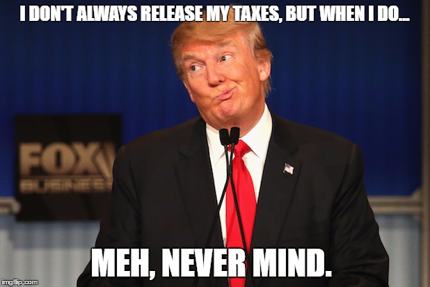 Trump taxes | I DON'T ALWAYS RELEASE MY TAXES, BUT WHEN I DO... MEH, NEVER MIND. | image tagged in donald trump | made w/ Imgflip meme maker