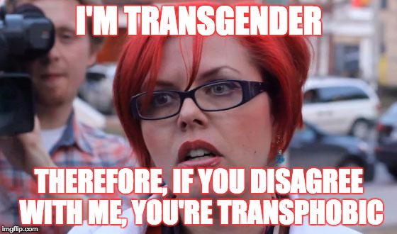 People who use the fact that they are something other than straight/white/male to prove their point. | I'M TRANSGENDER; THEREFORE, IF YOU DISAGREE WITH ME, YOU'RE TRANSPHOBIC | image tagged in angry feminist,transgender,logic,stupid,memes,phobia | made w/ Imgflip meme maker