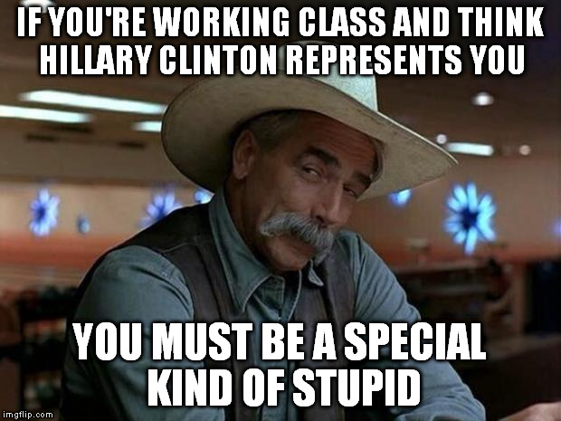special kind of stupid | IF YOU'RE WORKING CLASS AND THINK HILLARY CLINTON REPRESENTS YOU; YOU MUST BE A SPECIAL KIND OF STUPID | image tagged in special kind of stupid | made w/ Imgflip meme maker