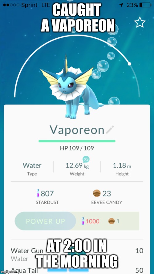 Vaporeon Catch | CAUGHT A VAPOREON; AT 2:00 IN THE MORNING | image tagged in pokemon go | made w/ Imgflip meme maker