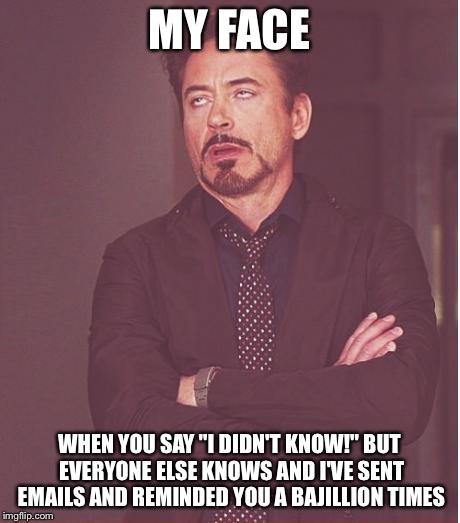 Face You Make Robert Downey Jr Meme | MY FACE; WHEN YOU SAY "I DIDN'T KNOW!" BUT EVERYONE ELSE KNOWS AND I'VE SENT EMAILS AND REMINDED YOU A BAJILLION TIMES | image tagged in memes,face you make robert downey jr | made w/ Imgflip meme maker