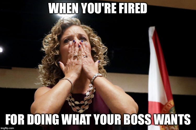 Debbie Wasserman Schultz fired | WHEN YOU'RE FIRED; FOR DOING WHAT YOUR BOSS WANTS | image tagged in debbie fired,memes | made w/ Imgflip meme maker