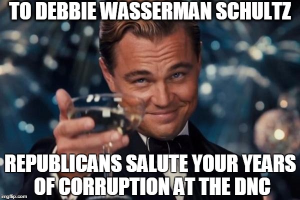 Leonardo Dicaprio Cheers Meme | TO DEBBIE WASSERMAN SCHULTZ; REPUBLICANS SALUTE YOUR YEARS OF CORRUPTION AT THE DNC | image tagged in memes,leonardo dicaprio cheers,debbie wasserman schultz,hillary clinton,bernie sanders,super delegates | made w/ Imgflip meme maker