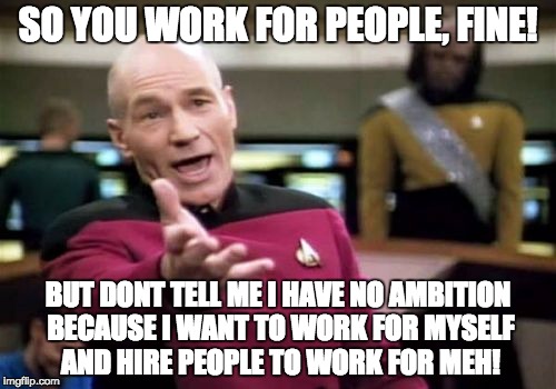 Picard Wtf Meme | SO YOU WORK FOR PEOPLE, FINE! BUT DONT TELL ME I HAVE NO AMBITION BECAUSE I WANT TO WORK FOR MYSELF AND HIRE PEOPLE TO WORK FOR MEH! | image tagged in memes,picard wtf | made w/ Imgflip meme maker