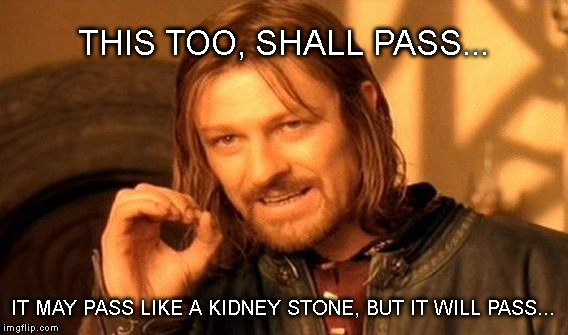 One Does Not Simply Meme | THIS TOO, SHALL PASS... IT MAY PASS LIKE A KIDNEY STONE, BUT IT WILL PASS... | image tagged in memes,one does not simply | made w/ Imgflip meme maker