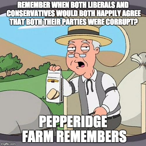 Pepperidge Farm Remembers | REMEMBER WHEN BOTH LIBERALS AND CONSERVATIVES WOULD BOTH HAPPILY AGREE THAT BOTH THEIR PARTIES WERE CORRUPT? PEPPERIDGE FARM REMEMBERS | image tagged in memes,pepperidge farm remembers | made w/ Imgflip meme maker
