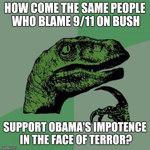 Philosoraptor | HOW COME THE SAME PEOPLE WHO BLAME 9/11 ON BUSH; SUPPORT OBAMA'S IMPOTENCE IN THE FACE OF TERROR? | image tagged in memes,philosoraptor | made w/ Imgflip meme maker