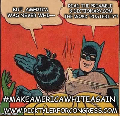 Batman Slapping Robin Meme | READ THE PREAMBLE & DICTIONARY.COM THE WORD "POSTERITY"! BUT, AMERICA WAS NEVER WHI---; #MAKEAMERICAWHITEAGAIN; WWW.RICKTYLERFORCONGRESS.COM | image tagged in memes,batman slapping robin | made w/ Imgflip meme maker