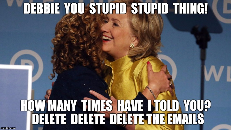 DEBBIE  YOU  STUPID  STUPID  THING! HOW MANY  TIMES  HAVE  I TOLD  YOU?  DELETE  DELETE  DELETE THE EMAILS | image tagged in wasserman-schultz  hillary | made w/ Imgflip meme maker