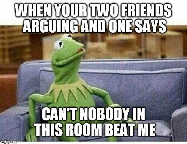 KERMIT | WHEN YOUR TWO FRIENDS ARGUING AND ONE SAYS; CAN'T NOBODY IN THIS ROOM BEAT ME | image tagged in kermit | made w/ Imgflip meme maker