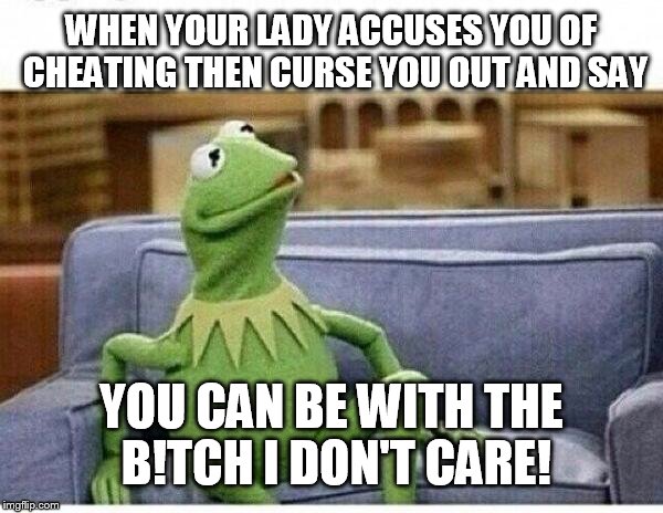 KERMIT | WHEN YOUR LADY ACCUSES YOU OF CHEATING THEN CURSE YOU OUT AND SAY; YOU CAN BE WITH THE B!TCH I DON'T CARE! | image tagged in kermit | made w/ Imgflip meme maker