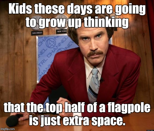 Ron Burgundy in yo face | Kids these days are going to grow up thinking; that the top half of a flagpole is just extra space. | image tagged in ron burgundy in yo face | made w/ Imgflip meme maker