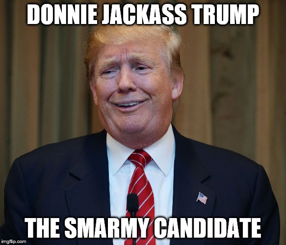 trump goofy face | DONNIE JACKASS TRUMP; THE SMARMY CANDIDATE | image tagged in trump goofy face | made w/ Imgflip meme maker