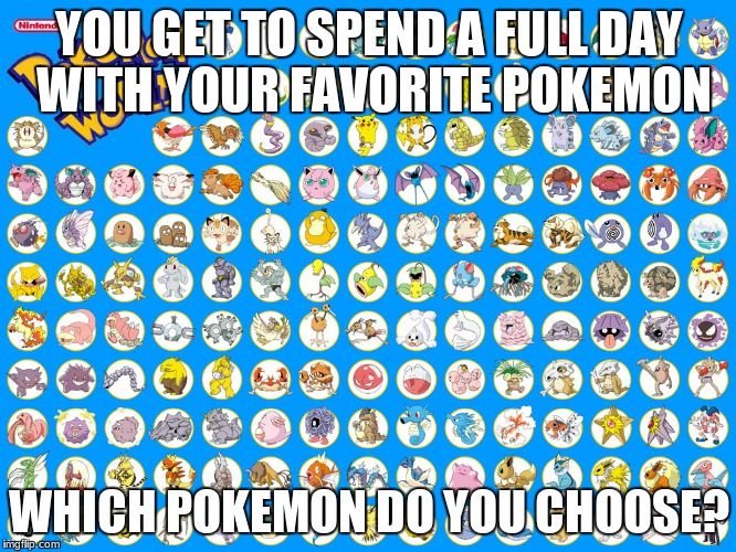 YOU GET TO SPEND A FULL DAY WITH YOUR FAVORITE POKEMON; WHICH POKEMON DO YOU CHOOSE? | image tagged in pokemon | made w/ Imgflip meme maker