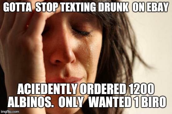 First World Problems Meme | GOTTA  STOP TEXTING DRUNK  ON EBAY ACIEDENTLY ORDERED 1200 ALBINOS.  ONLY  WANTED 1 BIRO | image tagged in memes,first world problems | made w/ Imgflip meme maker