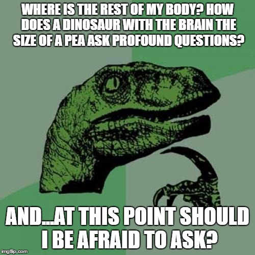 Philosoraptor | WHERE IS THE REST OF MY BODY? HOW DOES A DINOSAUR WITH THE BRAIN THE SIZE OF A PEA ASK PROFOUND QUESTIONS? AND...AT THIS POINT SHOULD I BE AFRAID TO ASK? | image tagged in memes,philosoraptor | made w/ Imgflip meme maker