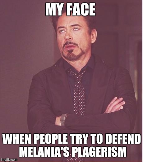 Face You Make Robert Downey Jr Meme | MY FACE; WHEN PEOPLE TRY TO DEFEND MELANIA'S PLAGERISM | image tagged in memes,face you make robert downey jr | made w/ Imgflip meme maker