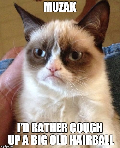Grumpy Cat Meme | MUZAK I'D RATHER COUGH UP A BIG OLD HAIRBALL | image tagged in memes,grumpy cat | made w/ Imgflip meme maker
