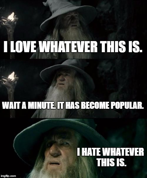 Every game that becomes popular gets these people. | I LOVE WHATEVER THIS IS. WAIT A MINUTE. IT HAS BECOME POPULAR. I HATE WHATEVER THIS IS. | image tagged in memes,confused gandalf | made w/ Imgflip meme maker