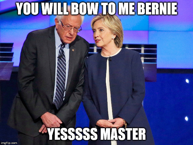 Hillary and Bernie | YOU WILL BOW TO ME BERNIE; YESSSSS MASTER | image tagged in bernie sanders | made w/ Imgflip meme maker