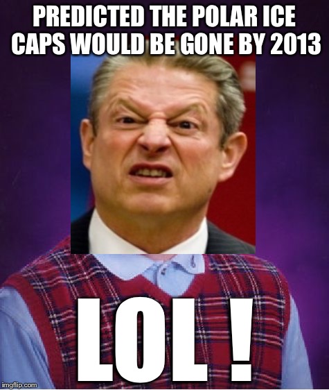 Bad Science Blowhard | PREDICTED THE POLAR ICE CAPS WOULD BE GONE BY 2013; LOL ! | image tagged in al gore,bad luck brian | made w/ Imgflip meme maker