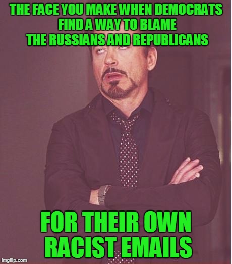 Face You Make Robert Downey Jr Meme | THE FACE YOU MAKE WHEN DEMOCRATS FIND A WAY TO BLAME THE RUSSIANS AND REPUBLICANS; FOR THEIR OWN RACIST EMAILS | image tagged in memes,face you make robert downey jr | made w/ Imgflip meme maker