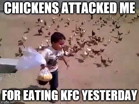 you ate our kind | CHICKENS ATTACKED ME; FOR EATING KFC YESTERDAY | image tagged in chickens,kfc,animal attack,memes | made w/ Imgflip meme maker