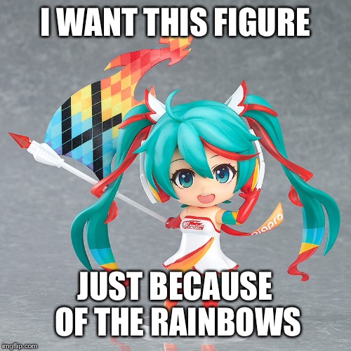 Running Miku 2016 nendroid  | I WANT THIS FIGURE; JUST BECAUSE OF THE RAINBOWS | image tagged in vocaloid,hatsune miku,phoenix,rainbows,kawaii,chibi | made w/ Imgflip meme maker