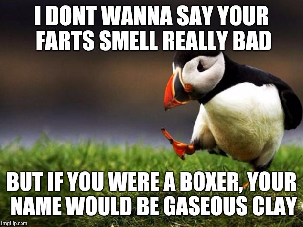 Unpopular Opinion Puffin Meme | I DONT WANNA SAY YOUR FARTS SMELL REALLY BAD; BUT IF YOU WERE A BOXER, YOUR NAME WOULD BE GASEOUS CLAY | image tagged in memes,unpopular opinion puffin | made w/ Imgflip meme maker