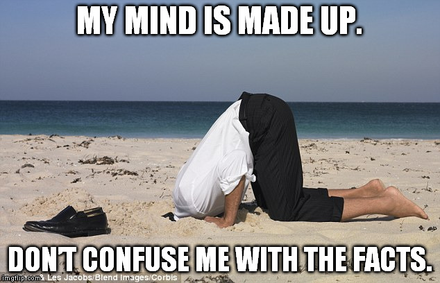 Head in trhe sand with stupidity | MY MIND IS MADE UP. DON’T CONFUSE ME WITH THE FACTS. | image tagged in head in trhe sand with stupidity | made w/ Imgflip meme maker