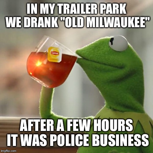 But That's None Of My Business Meme | IN MY TRAILER PARK WE DRANK "OLD MILWAUKEE" AFTER A FEW HOURS IT WAS POLICE BUSINESS | image tagged in memes,but thats none of my business,kermit the frog | made w/ Imgflip meme maker