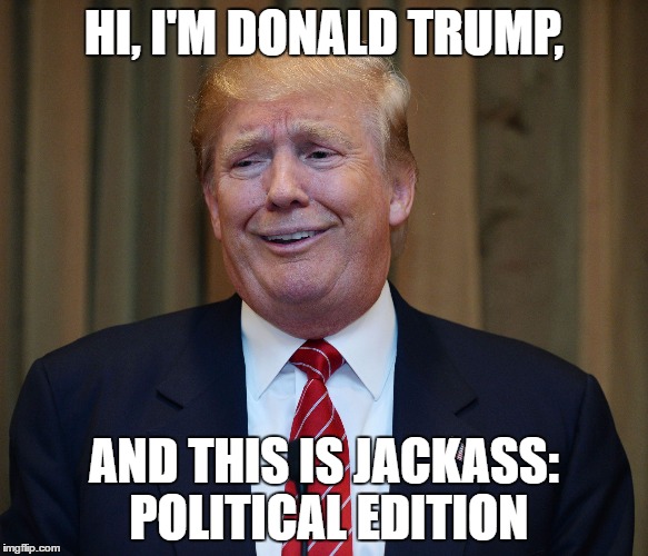trump goofy face | HI, I'M DONALD TRUMP, AND THIS IS JACKASS: POLITICAL EDITION | image tagged in trump goofy face | made w/ Imgflip meme maker