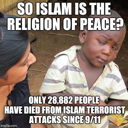 Third World Skeptical Kid | SO ISLAM IS THE RELIGION OF PEACE? ONLY 28,882 PEOPLE HAVE DIED FROM ISLAM TERRORIST ATTACKS SINCE 9/11 | image tagged in memes,third world skeptical kid | made w/ Imgflip meme maker