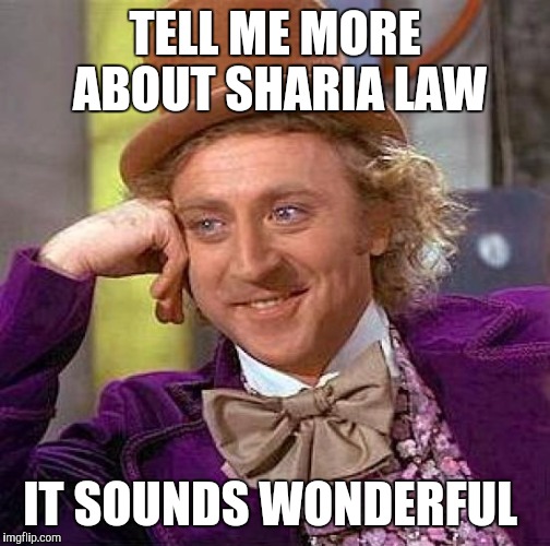 Creepy Condescending Wonka | TELL ME MORE ABOUT SHARIA LAW; IT SOUNDS WONDERFUL | image tagged in memes,creepy condescending wonka | made w/ Imgflip meme maker