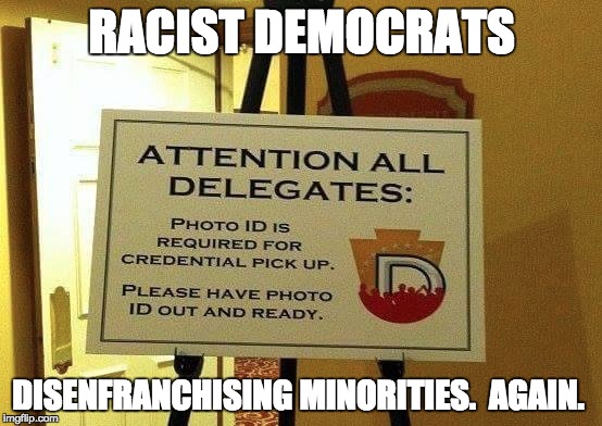 Democrat Racism | RACIST DEMOCRATS; DISENFRANCHISING MINORITIES.  AGAIN. | image tagged in id,democrat,convention,racism,minorities | made w/ Imgflip meme maker