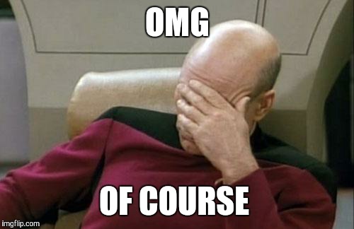 Captain Picard Facepalm Meme | OMG OF COURSE | image tagged in memes,captain picard facepalm | made w/ Imgflip meme maker