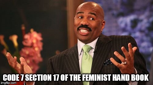 Steve Harvey Meme | CODE 7 SECTION 17 OF THE FEMINIST HAND BOOK | image tagged in memes,steve harvey | made w/ Imgflip meme maker